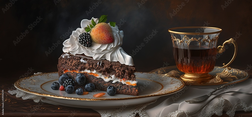 Poster Fruit cake with chocolate curls and whipped cream sitting on a table in a side view, ready to be served with tea. Generative AI