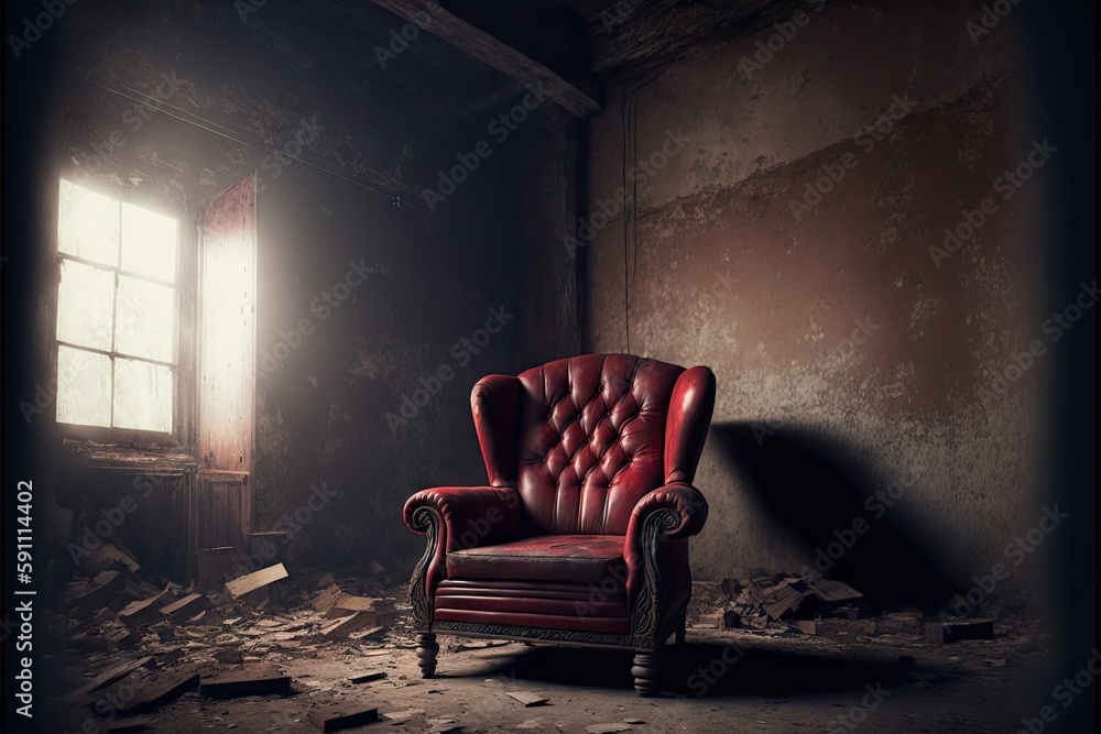 Poster Red leather armchair in dirty abandoned old room, created with generative ai