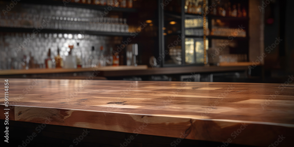 Poster an empty wooden counter table top for product display in a pub or bar. generative ai