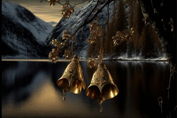 Shining gold bells hanging on dark tree branch with beautiful winter lake in background, created with generative ai