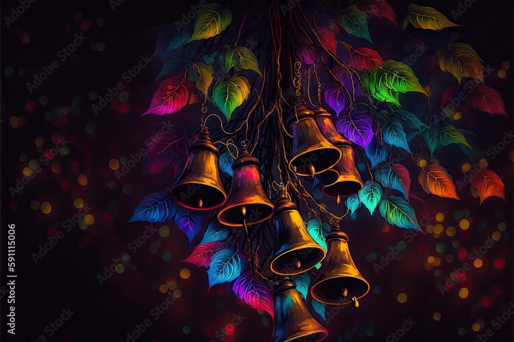 Wall mural glowing colorful bells hanging on big mystical tree branches, created with generative ai