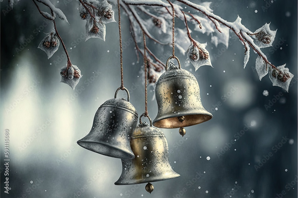Wall mural silver bells hanging on bare tree branch with winter nature in background, created with generative a
