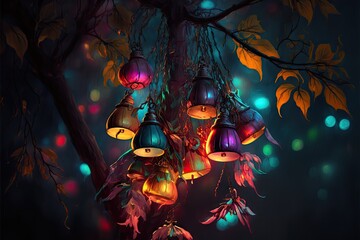Fototapeta na wymiar Glowing colorful bells hanging on big dark bare tree branches, created with generative ai