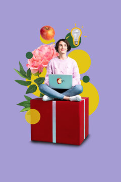 Artwork magazine collage picture of dreamy funny lady sitting gift box chatting apple gadget isolated drawing background