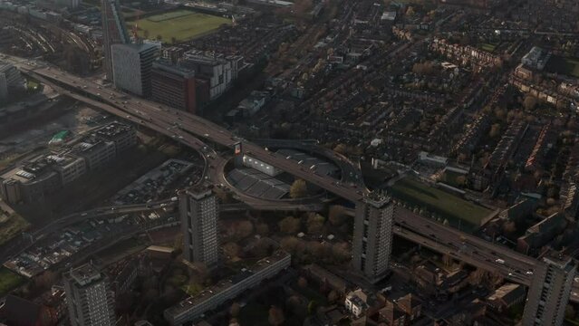 Establishing circling aerial shot over Westway roundabout London