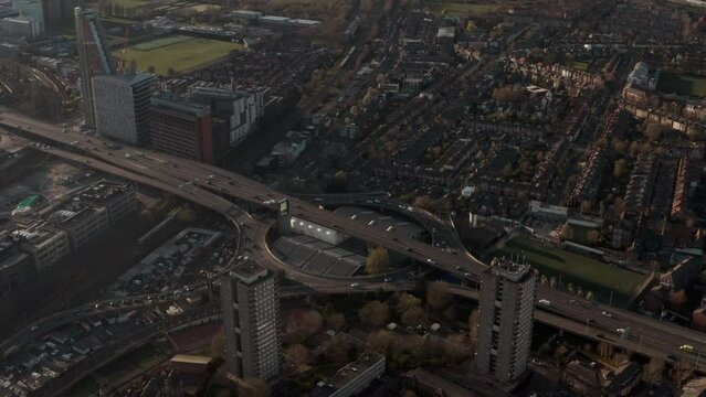 Establishing aerial shot over Westway roundabout London