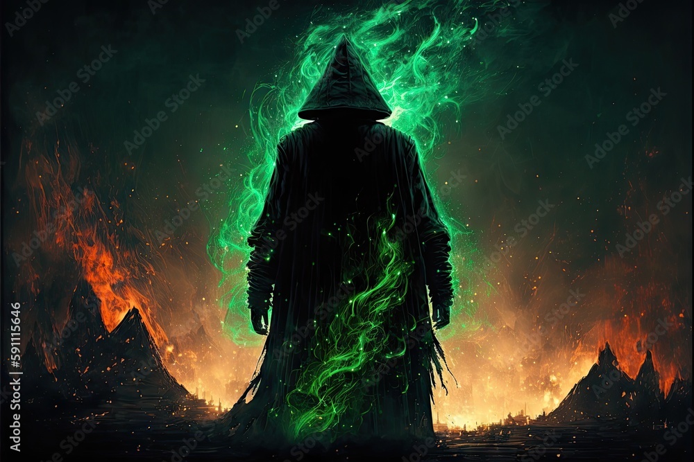 Canvas Prints back view of cloaked man with big magical green bonfire in background, created with generative ai