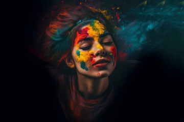 Colorful Splash of Creativity: Young Artists Face Painted with Various Colors .Generative AI illustration.