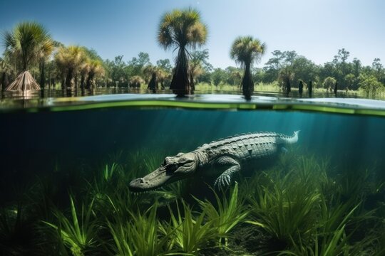 Alligator is swimming in the lake. Beautiful illustration picture. Generative AI