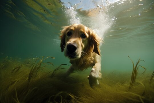 Dog is swimming underwater. Beautiful illustration picture. Generative AI
