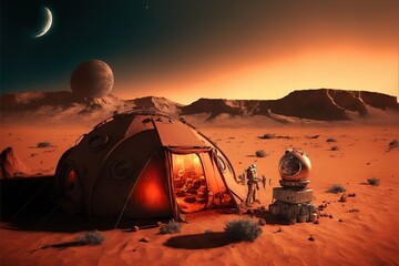 Fototapeta na wymiar Tent on Mars with beautiful Martian landscape in background, created with generative ai