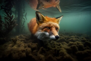Fox is dives under water. Beautiful illustration picture. Generative AI