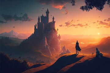 Fototapeta premium Majestic castle in nature landscape and small knight on hill at sunset, created with generative ai
