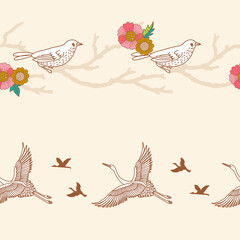 Birds and Plants Vector Seamless Horizontal Borders Set