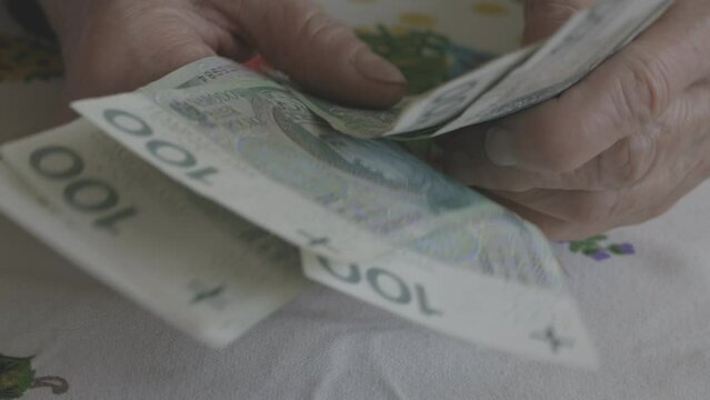 A Polish pensioner recalculates her pension. Poland money, 100 zloty banknotes, concept, financial problems of seniors, close up, log
