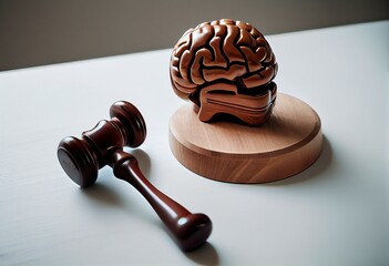Brain and hammer judge gavel on wooden table in courtroom with white wall background copy space. Intellectual property (IP) legal law protection concept. Laws to protect and enforce. Generative AI - obrazy, fototapety, plakaty