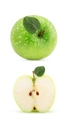 Green apple whole one cut in half with green leaf