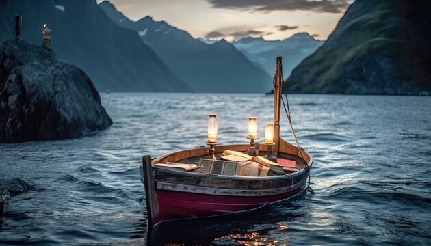 Anchored boat in the middle of the mountains with literature and lamps Generative AI Illustration