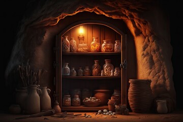 Stone cupboard in stone age cave, created with generative ai