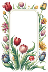 Framed border design card with tulips spring flowers watercolor, Generative AI