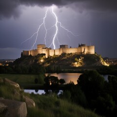 A Thunderstorm to Remember near Medieval Castle, Generative AI