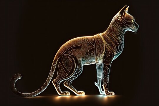 Side view of glowing Egyptian Bastet cat outline on black background, created with generative ai
