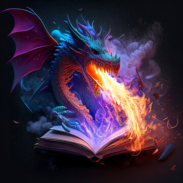 Dragon bursting from pages - AI Generative