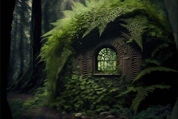 Ferns growing on fairy tale hut, created with generative ai