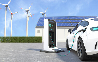 Electric car is charging the battery at the Ev charging station