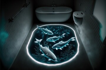 Beautiful glowing fishes swimming in luxury bathroom floor in darkness, created with generative ai