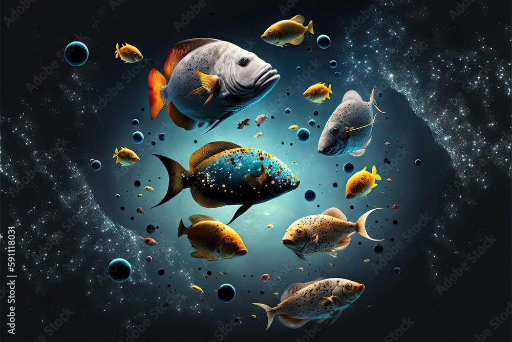 Sticker beautiful fishes floating in outer space with asteroids, created with generative ai