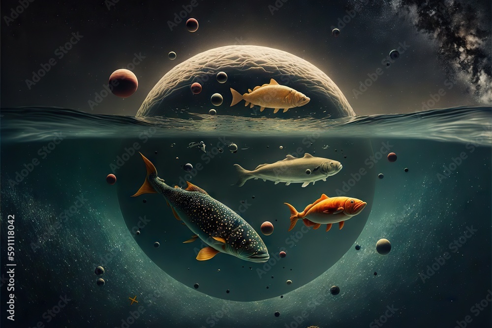 Wall mural fishes floating in outer space with planets, created with generative ai