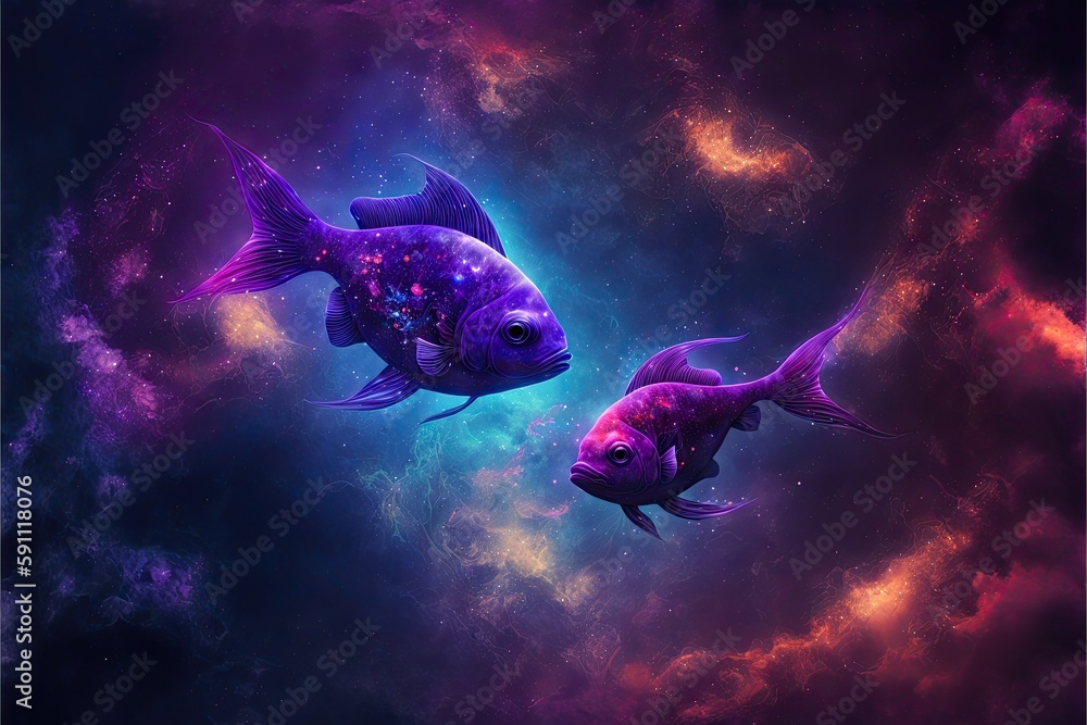 Sticker violet and purple fishes floating in outer space with nebula background, created with generative ai