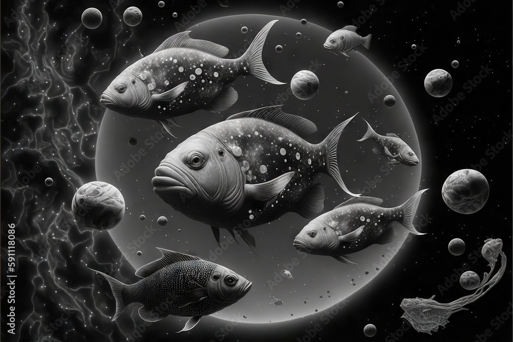 Wall mural greyscale fishes floating in outer space with planets and stars, created with generative ai