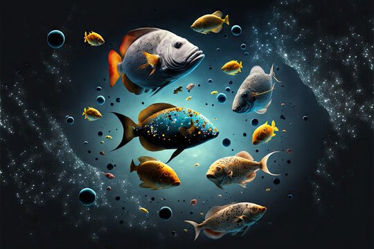 Beautiful fishes floating in outer space with asteroids, created with generative ai