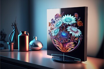 Beautiful three-dimensional vase flowers hologram on table in modern room, created with generative ai