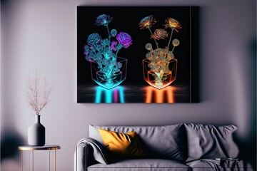 Bright three-dimensional potted flowers holograms in futuristic living room, created with generative ai