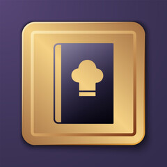 Purple Cookbook icon isolated on purple background. Cooking book icon. Recipe book. Fork and knife icons. Cutlery symbol. Gold square button. Vector