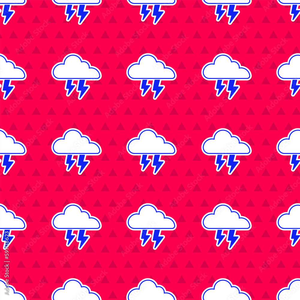 Poster blue storm icon isolated seamless pattern on red background. cloud and lightning sign. weather icon 