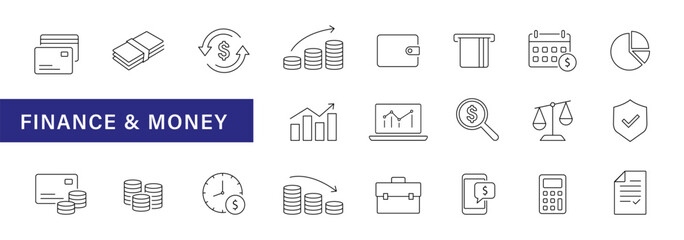 Money outline icons. Finance, business icon set. Money payment sign collection. EPS 10 