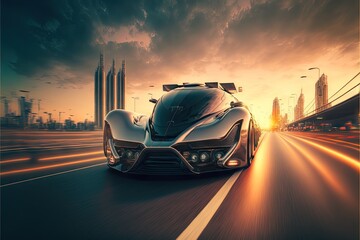 Obraz na płótnie Canvas Front view of futuristic car moving on highway road in futuristic city at sunset, created with generative ai