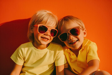 Obraz premium Funny portrait of little kids in summer styling with sunglasses, trendy kids ready for the beach. Modern bright vivid colors. Generative AI.