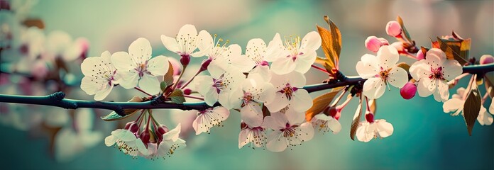 Horizontal image with cherry blossom, spring flowers, sakura. Generative AI