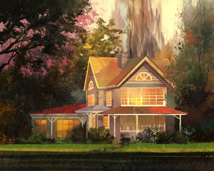 Painted picturesque forest landscape with a cozy house