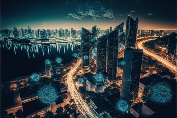 Modern IoT city at night, Internet of things network concept, created with generative ai