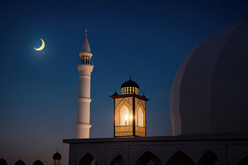 Fototapeta na wymiar Ornamental Arabic lantern with burning candle glowing.Muslim holy month Ramadan Kareem. Generative AI.