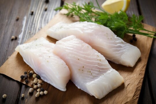 Delicious fillets of pollock fish with herbs, lemon, and pepper