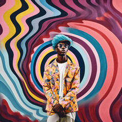 Obraz premium Fashionable hipster fashion man in elegant contemporary styling on vivid background, bright psychedelic colorful colors. A guy posing as model. Generative AI.
