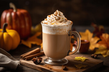 frothy pumpkin spice latte served in a tall mug with whipped cream generative ai