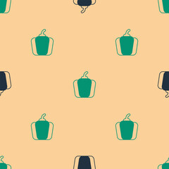 Green and black Bell pepper or sweet capsicum icon isolated seamless pattern on beige background. Vector